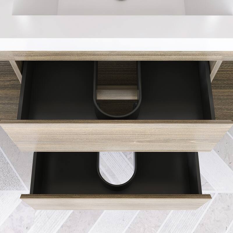Modern Wall-Mounted Bathroom Vanity with White Solid Surface Top