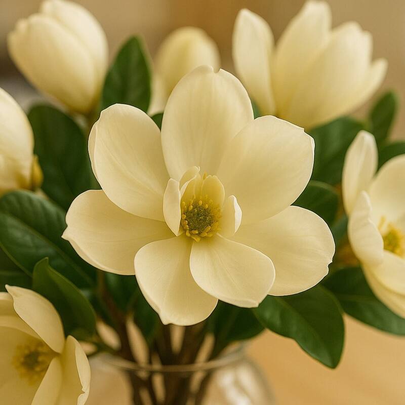 HomeStock Cream Magnolias in Clear Glass Bubble Bowl - Timeless Faux Floral Centerpiece for Living Rooms - 18