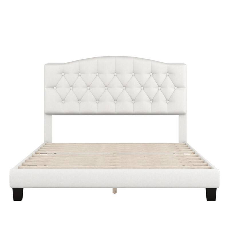 Upholstered Platform Bed with Saddle Curved Headboard and Diamond Tufted Details, Queen, Beige