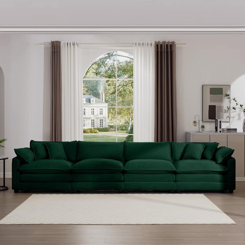 Green 150" Corduroy Cloud Upholstered 4-seater Modular Sectional Sofa with 6 Pillows, Double Cushion Seat, Free Combination