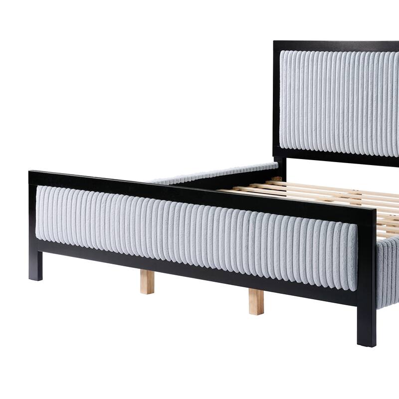 Upholstered Platform Bed Frame with Light Grey Fluffy Headboard and Footboard, Wooden Slats Support