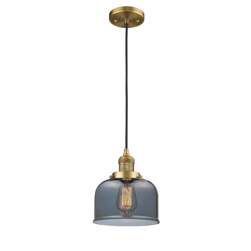 Innovations Lighting Franklin Restoration Bell - 1 Light 8" Cord Hung Mini Pendant - Brushed Brass/Light Smoke