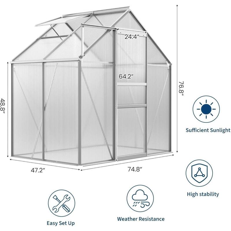 6x4FT Walk-in Polycarbonate Greenhouse for Outdoors Winter Gardening, Silver