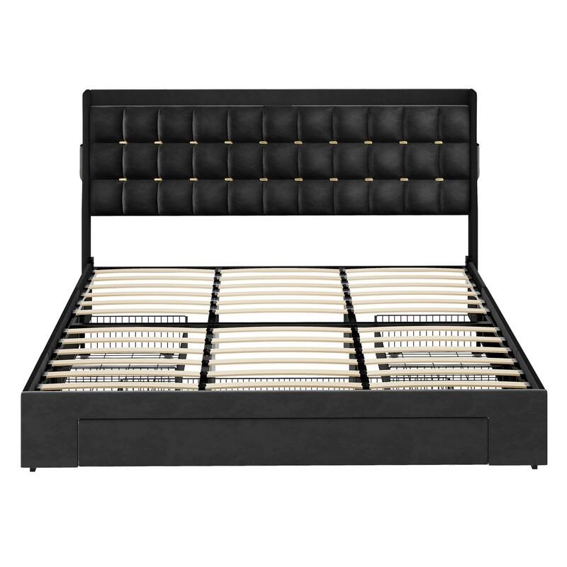 Moasis Queen/King Size Velvet Upholstered Bed with Charging Station and Storage Drawers