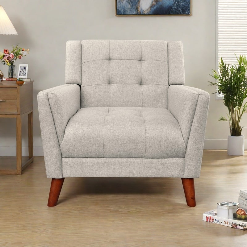 Fabric Mid-Century Modern Armchair with Tufted Back, Sinuous Spring Seat and Tapered Wood Legs