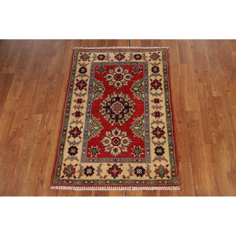 Red Kazak Oriental Foyer Rug Hand-Knotted Traditional Wool Carpet - 2'0" x 3'0"