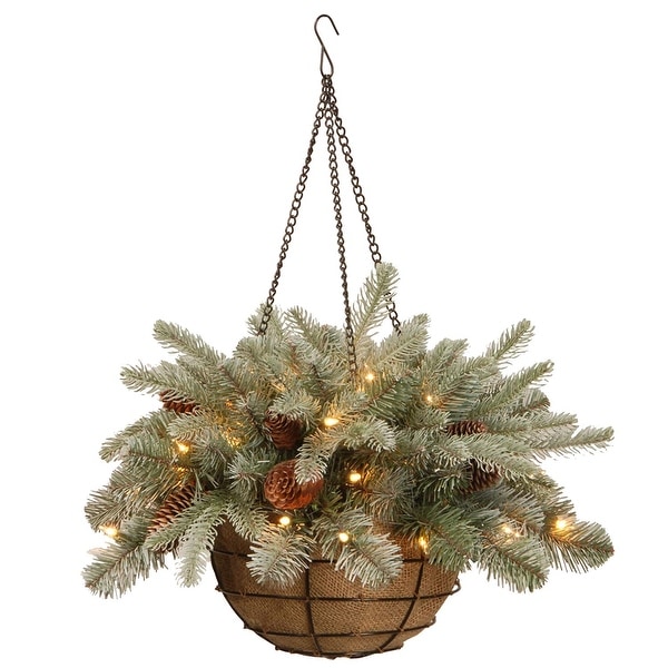 20" Green Spruce Hanging Basket with Warm White LED Lights - N/A