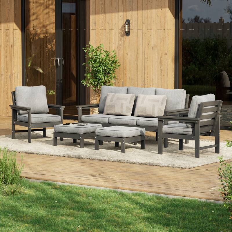 All-weather HIPS Outdoor Sofa Set with Detachable Cushions (Set of 5) - Gray/Light Gray