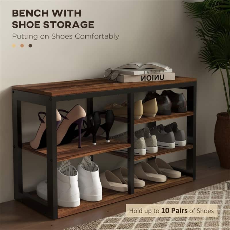 2 in 1 Hall Tree with Shoe Bench and Coat Rack Steel and Particleboard Entryway Organizer with Hooks and Shelves