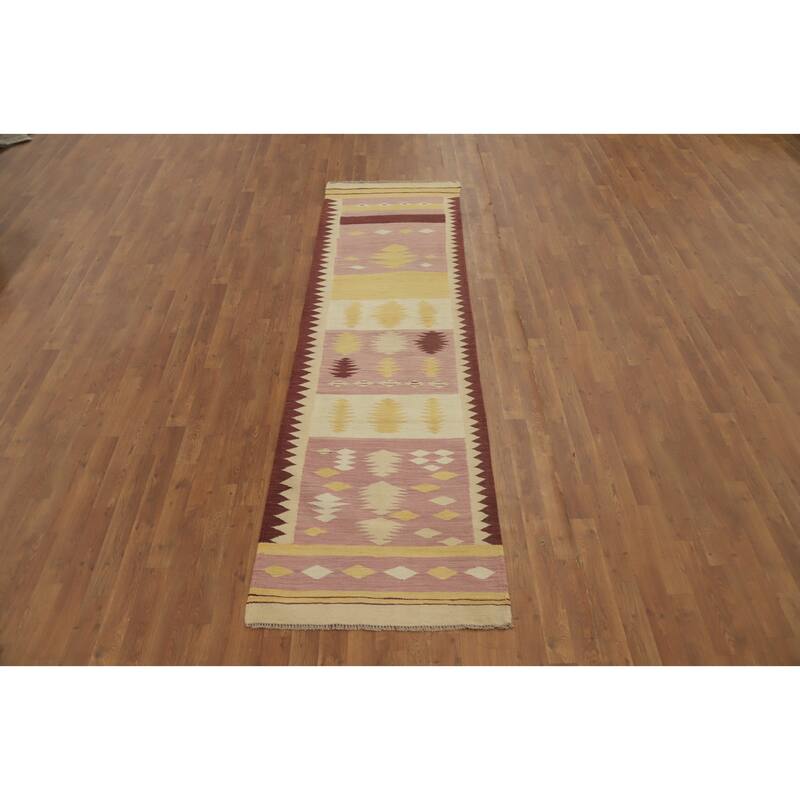 Hand Woven Oriental 100% Wool Carpet Southwestern Tribal Pink Kilim Runner Rug - 9' 8'' X 2' 8''