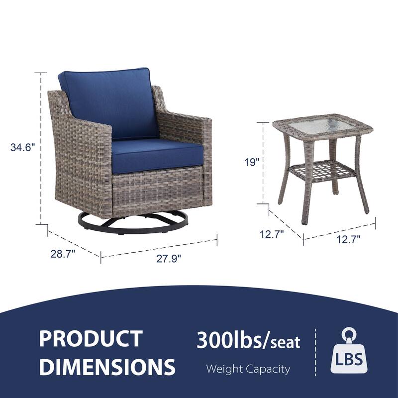 Glissia 3-Piece Gray Wicker Outdoor Swivel Glider Chair Set with 4-Inch Thick Cushions and Side Table