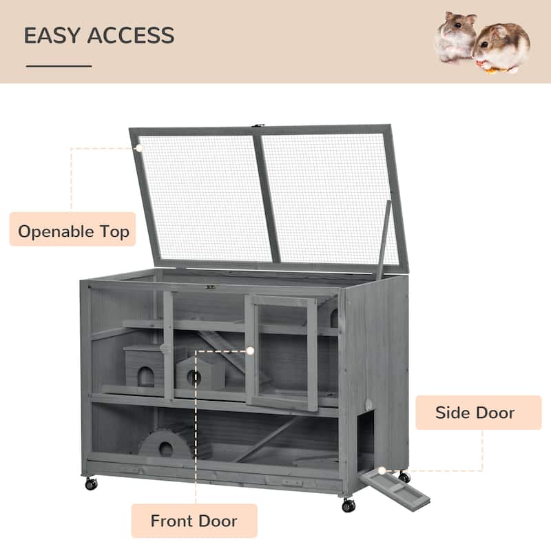 Slate Grey Fir Wood Hamster Cage 3-Tier with Plexiglass and Wheels - 43.25" L x 23.5" W x 31.5" H