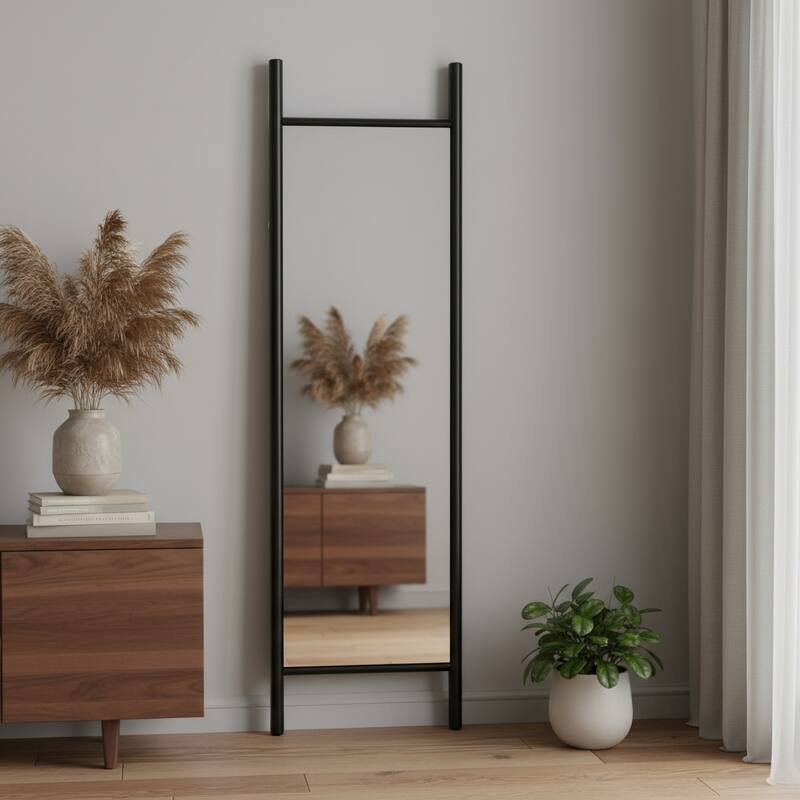 HomeRoots 64" Black Wood Leaning Ladder Framed Full Length Mirror - 21.26 in. x 64.17 in. x 1.18 in. - 21.26 in. x 64.17 in.  x 1.18 in.