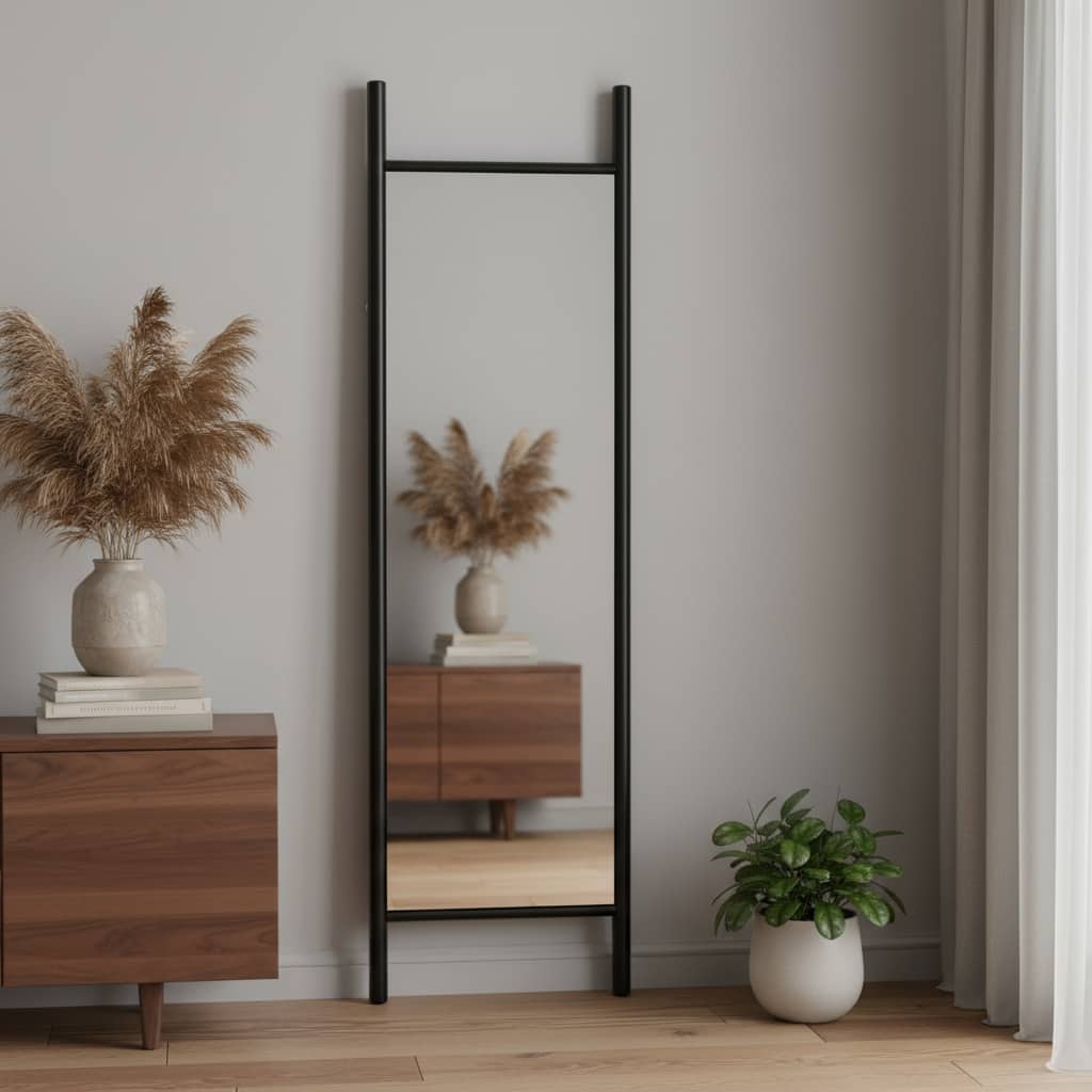 HomeRoots 64" Black Wood Leaning Ladder Framed Full Length Mirror - 21.26 in. x 64.17 in. x 1.18 in.