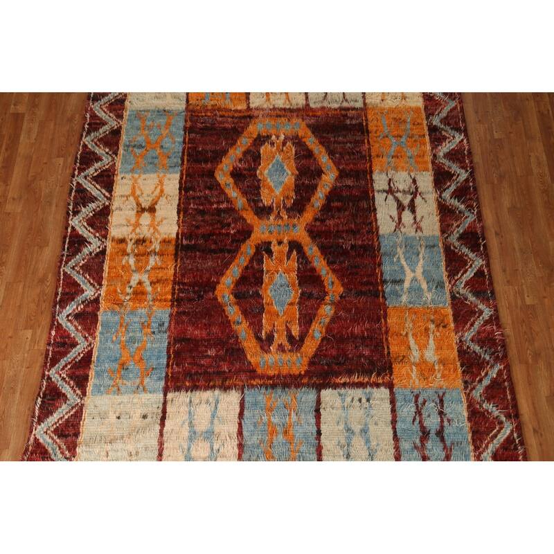 Hand Knotted Oriental 100% Wool Carpet Modern Tribal Red Moroccan Area Rug - 9' 9'' X 7' 0''