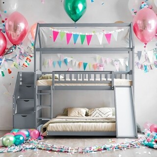 Friendly Design Twin Over Twin Bunk Bed with Two Drawers and Slide, House Bed with Slide