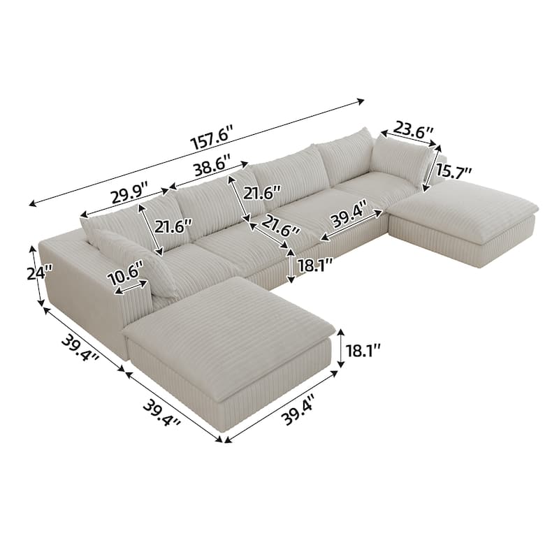 157.6" White Corduroy Fabric Cloud Sofa, Deep Seat, Double-layer, Removable Cushion, DIY Combination