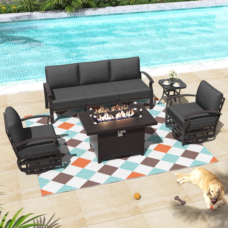 Aluminum Patio Outdoor Sectional Sofa Set with Fire Pit, Swivel Rocking Chairs and Ottomans