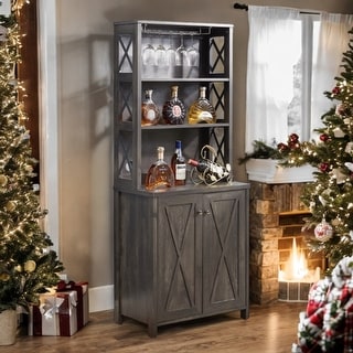 Wine Bar Cabinet with Barn X-Shape Design, Wine Glass Rack, Adjustable Shelves, and Storage Space in Charcoal Gray