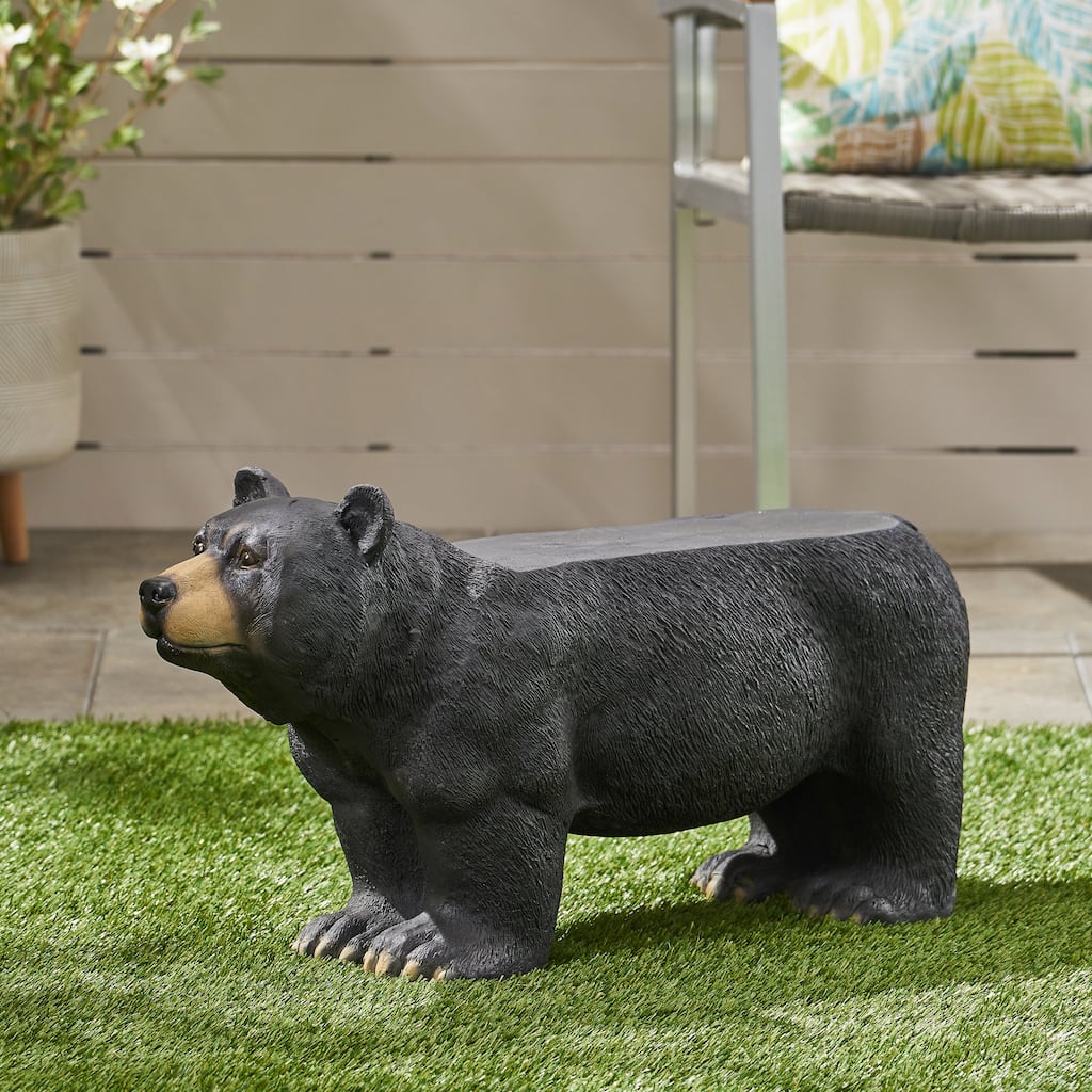 Roomfitters 31.75-Inch Black Bear Outdoor Bench, Hand-Crafted Lightweight Concrete Garden Seat, Matte Black