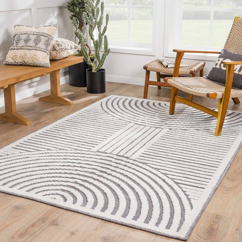 Hauteloom Deron Living Room, Bedroom Machine Washable Area Rug - White, Off White - 2' x 2'10" - 2'7" x 7'2" - Gray, Off White / Deron