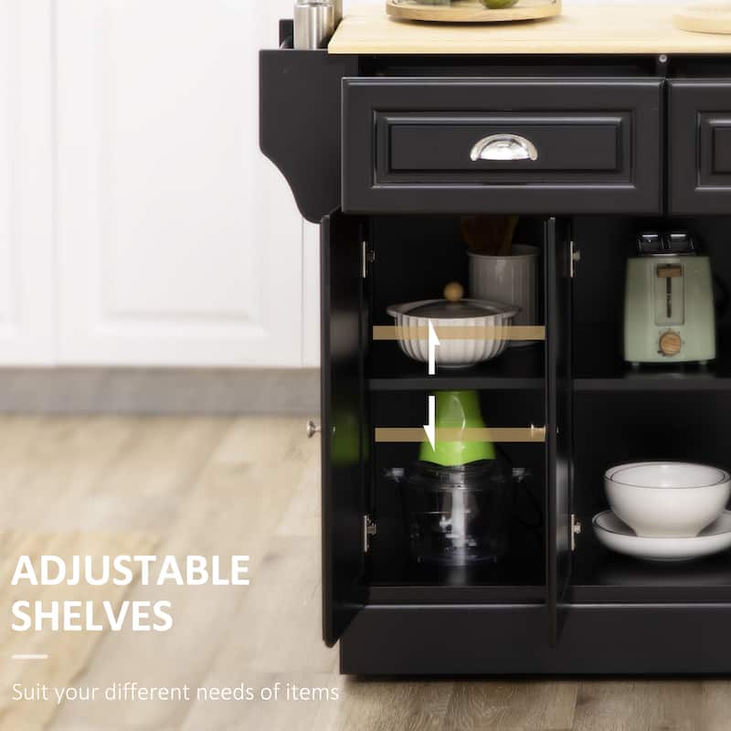 Kitchen Island with Storage, Rolling Kitchen Serving Cart with Rubber Wood Top, Storage Drawer and Cabinet