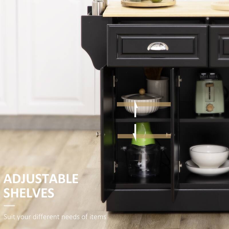 Rolling Kitchen Island with Storage, Kitchen cart with Wheels and Wood Countertop, Utility cart with 2 Drawers, 3 Cabinets