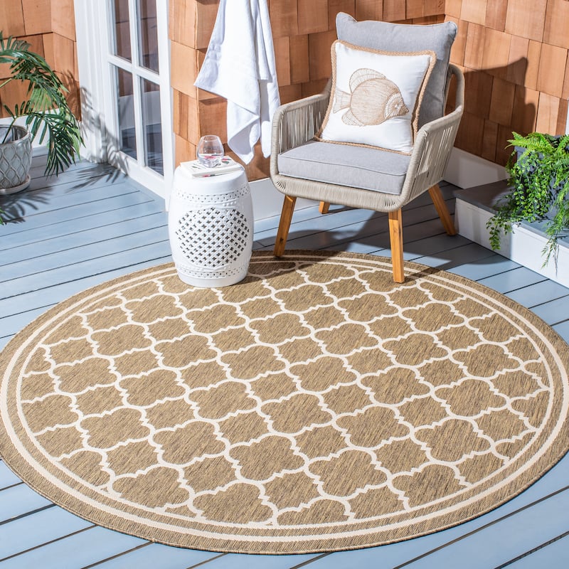 SAFAVIEH Courtyard Kristelle Indoor/ Outdoor Waterproof Patio Backyard Rug - 7'10" Round - Brown/Bone