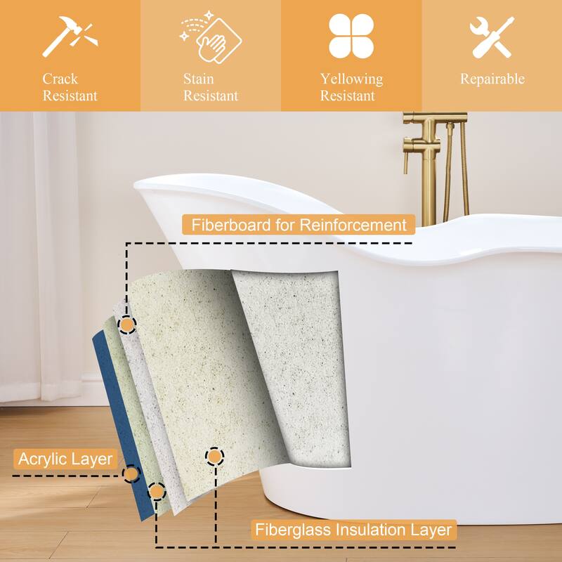 66'' W,63 GALLONS Freestanding Acrylic Soaking Bathtub With Drain And Overflow Holes