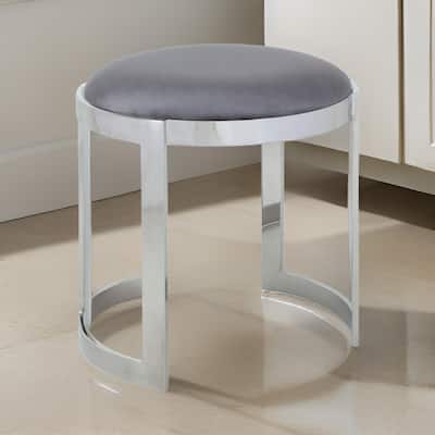 Niyo 19 Inch Accent Stool, Cushioned Gray Velvet Seat, Silver Metal Frame