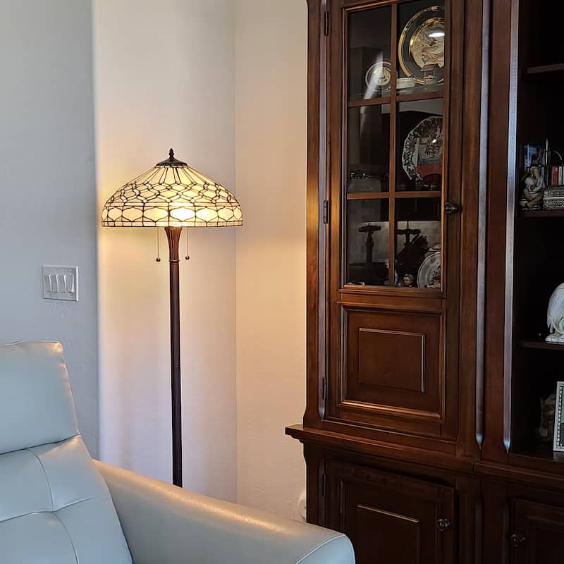 Tiffany Style Floor Lamp Standing 60" Tall Stained Glass White Mahogany Bedroom Reading Gift Amora Lighting