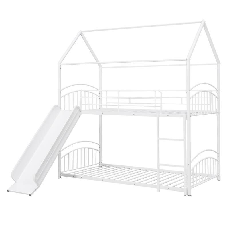 Metal Twin Over Twin Bunk Bed with Slide - Kids House Style Bed in White