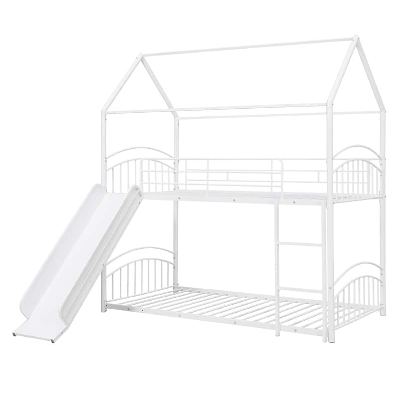 Twin over Twin Size Metal Bunk Bed With Slide, Roof, Fence and Ladder for Bedroom