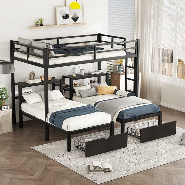 slide 2 of 12, Black Full XL over Twin Size Metal Triple Bunk Bed with Drawers, Multi-functional Metal Frame Bed, Bed Head with Shelving Black