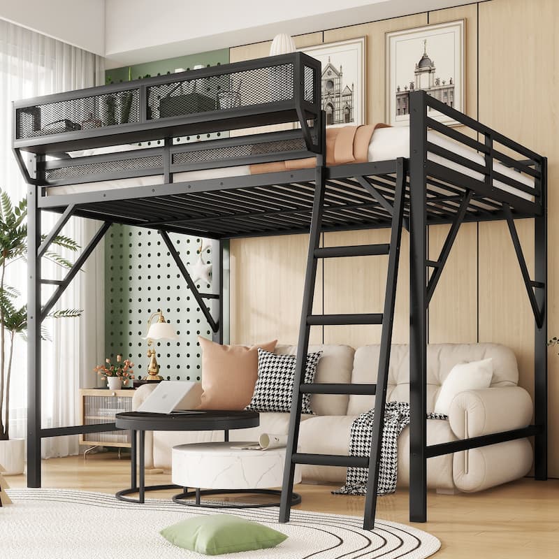 Full Size Loft Bed with Ladder, Metal Full Loft Bed with Storage Shelves, High Loft Bed for Kids Teens - Black