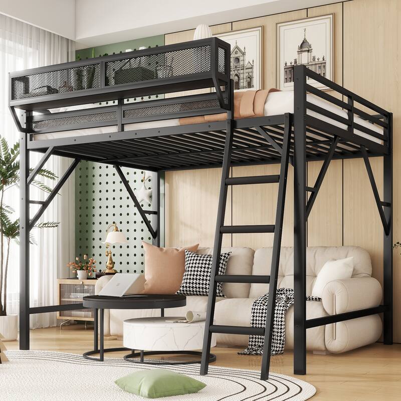 Metal Loft Bed Frame with Storage Shelves for Upper, Loft Bed with Ladder, High Loft Bed for Kids Teens