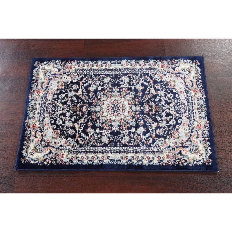 Navy Blue Floral Medallion Transitional Turkish Rug Oriental Carpet