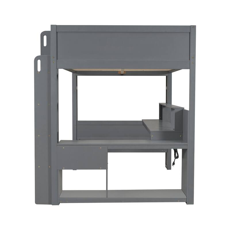 Roomfitters Wood Full Size Gaming Loft Bed with Desk, Multi-Storage Shelves, Lighting and Charging Station, Dark Gray