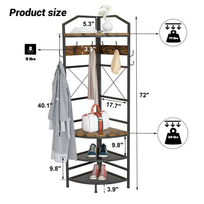 Entryway Corner Hall Tree with Shoe Rack, Coat Rack with 6 Double Hooks, Home Organizer for Entryway, Hallway, Closet, Bedroom