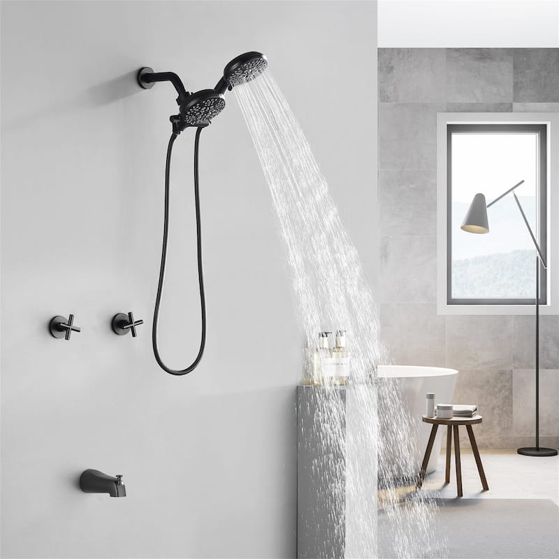 Wall Mount Tub and Shower Faucet with Hand Shower Brass Dual Head Complete Wall Mounted Shower System with Valve