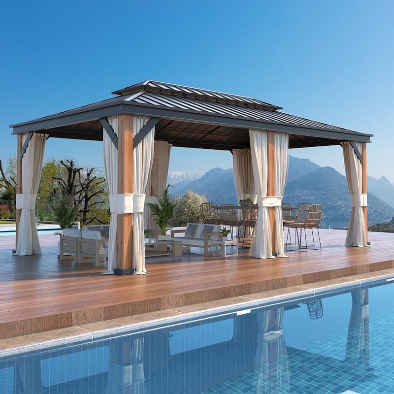 EROMMY Hardtop Gazebo Metal Gazebo with Faux Wood Grain Aluminum Frame, Outdoor Patio Gazebo Pergola