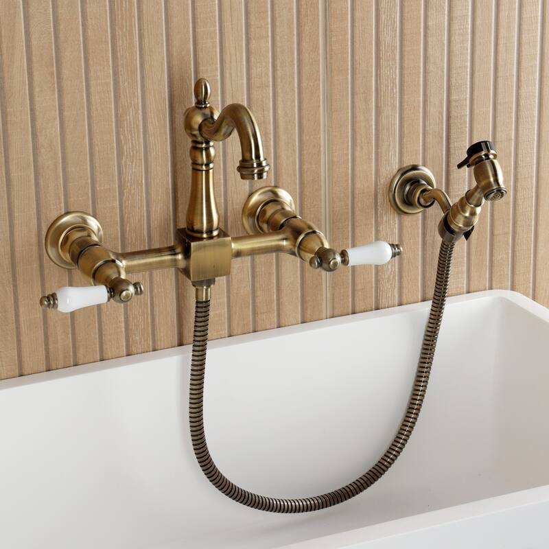 Kingston Brass Essex Double-Handle Wall-Mount Pre-Rinse Bridge Kitchen Faucet