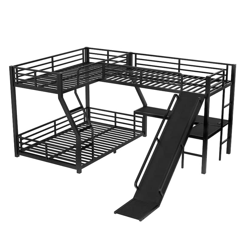 Roomfitters L-Shaped Twin over Queen/Full Metal Triple Bunk Bed with Twin Loft, Slide & USB Ports, Space-Saving Noise-Free Frame