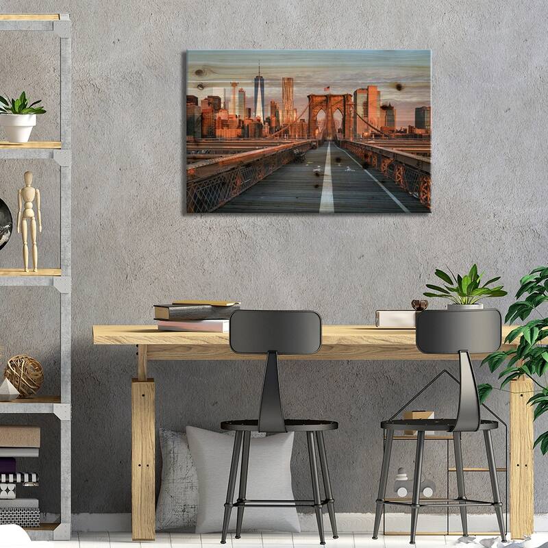 Brooklyn Bridge And Lower Manhattan Skyline At Sunrise, New York City, Usa Print On Wood by Jan Becke - Multi-Color