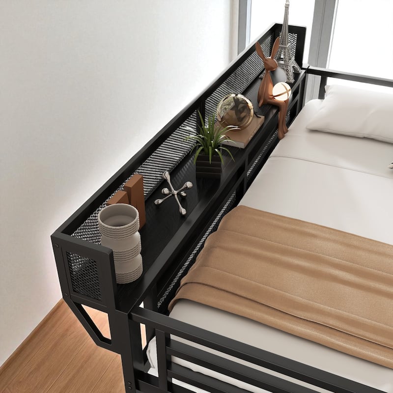 Twin Size Loft Bed with Stairs and Storage Shelves, Metal High Loft Bed with Wardrobe for Kids and Teens