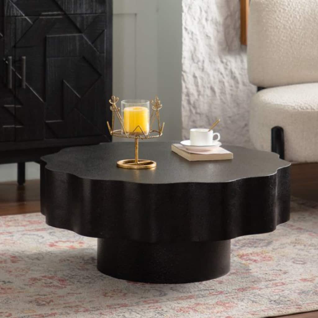 GDFStudio - Aurelia Modern Scalloped Round Wooden Coffee Table with Wave-Edge Pedestal Base