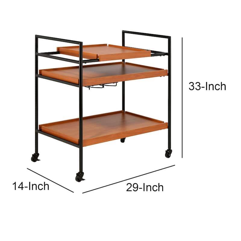 Metal Frame Serving Cart with Adjustable Compartments, Oak Brown and Black