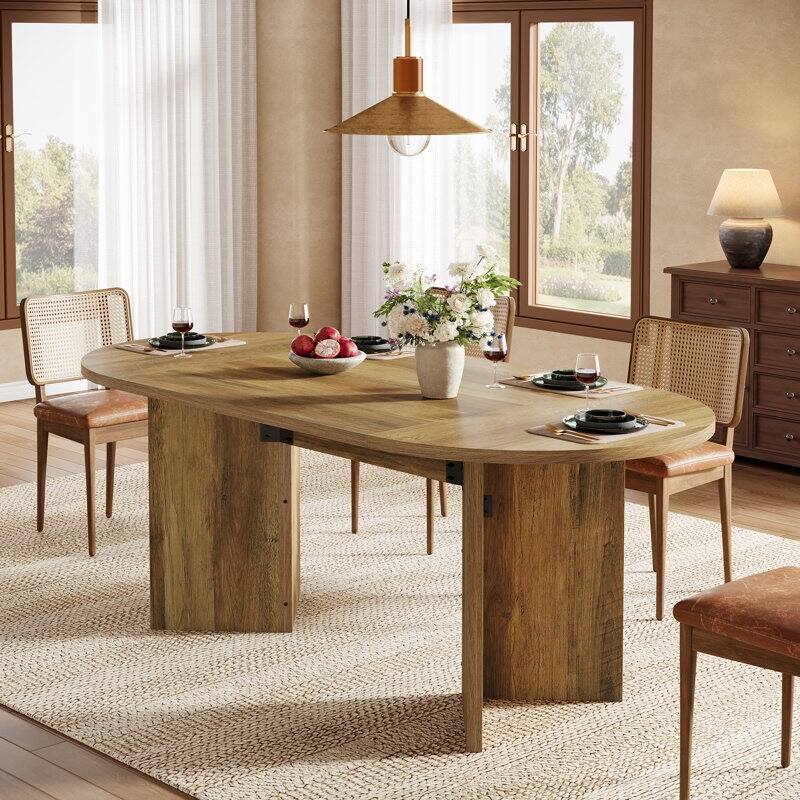 63" Rustic Oval Dining Table for 4-6，Farmhouse Kitchen Table with Metal Strip Base