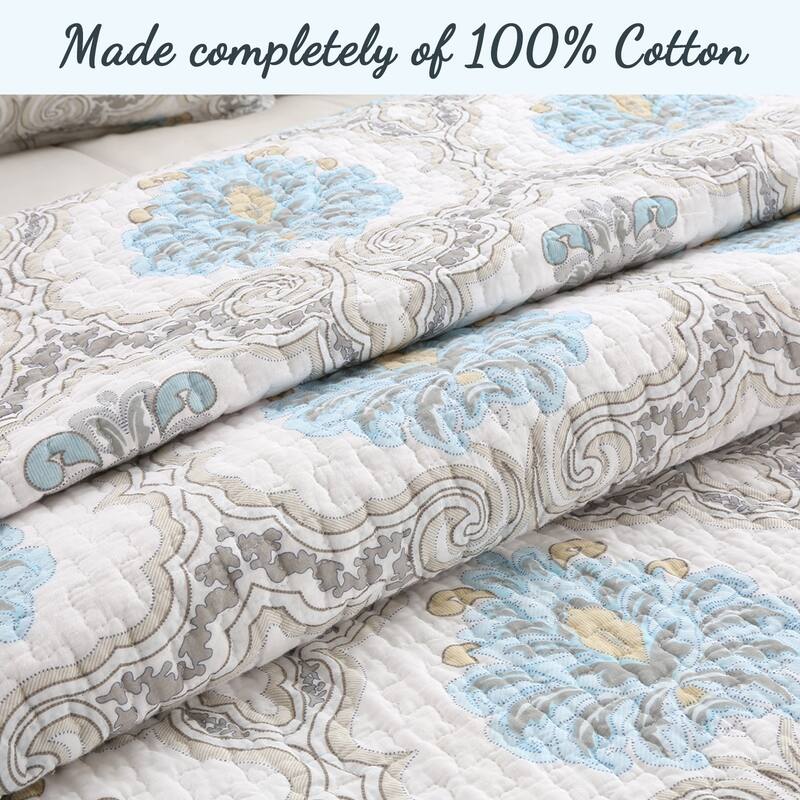 Cozy Line Kamala Damask Blue 3 Piece Reversible Cotton Quilt Bedding Set