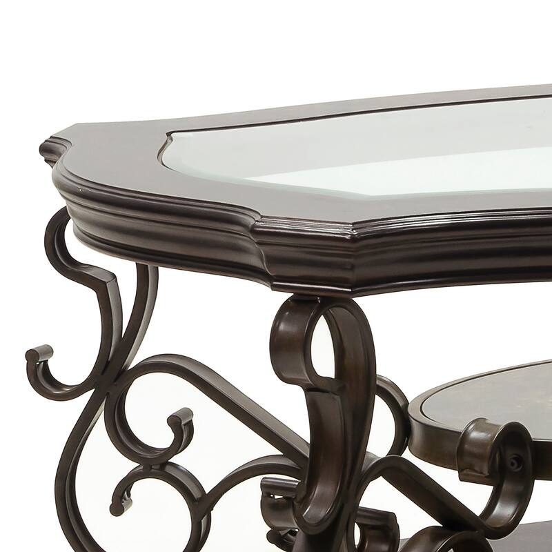 Cocktail Table with Glass Top and Scroll Accent, Brown